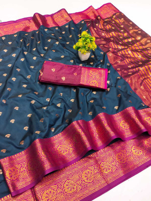 Aika Self Design Banarasi Pure Silk Saree(Dark Blue)