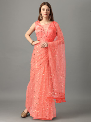 color bucket Polka Print Bollywood Net Saree(Orange)