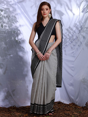 Anouk Rustic Printed Daily Wear Silk Blend Saree(White, Black)