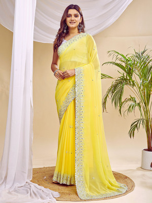 SIZU Embroidered, Solid/Plain Bollywood Georgette Saree(Yellow)