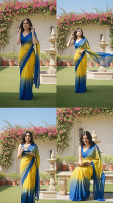 KEE Color Block Bollywood Georgette Saree(Yellow, Blue)