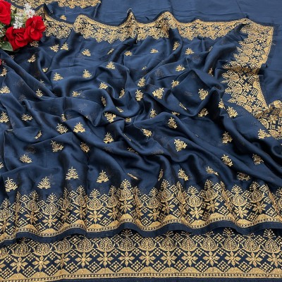 Janvi fashion Embroidered Bollywood Silk Blend Saree(Dark Blue, Grey)
