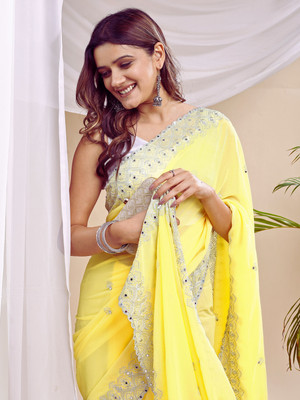 HESVI Embellished Bollywood Georgette Saree(Yellow)
