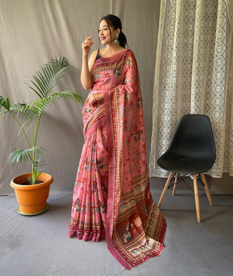 Moda Rapido Printed, Digital Print Chanderi Cotton Linen Saree(Pink)