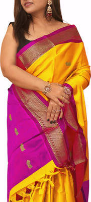 NST5 Printed, Woven Paithani Cotton Silk Saree(Gold, Pink)