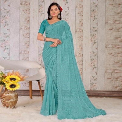 Online Bazaaar Embellished Bollywood Lycra Blend Saree(Light Blue)