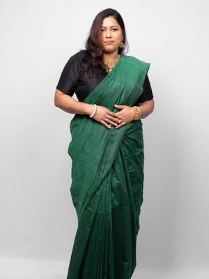 Hasttkalaa Solid/Plain Daily Wear Cotton Linen Saree(Green)