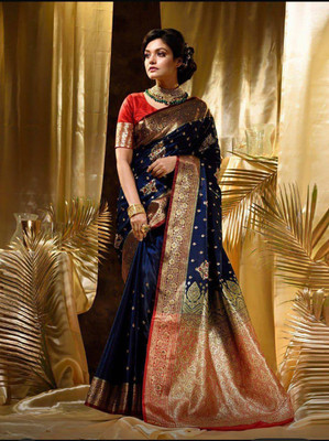 AMRUTKALA SAREES Woven Banarasi Silk Blend Saree(Dark Blue)