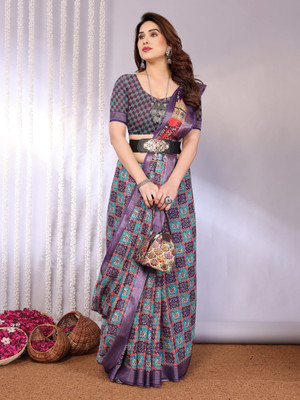 Soor Panchi Digital Print Bandhani Cotton Linen Saree(Dark Blue)