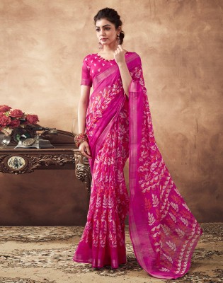 Samah Printed, Embellished Daily Wear Cotton Blend Saree(Pink, Multicolor)