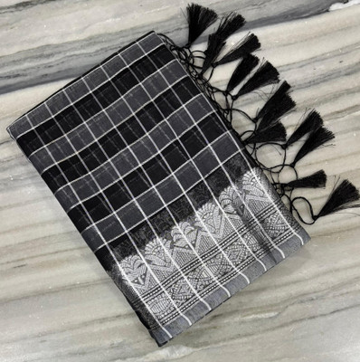Z A FABRICS Checkered Chanderi Cotton Blend Saree(Black)