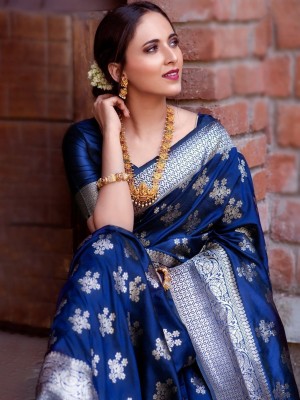 Sareemall Printed Banarasi Silk Blend Saree(Blue)