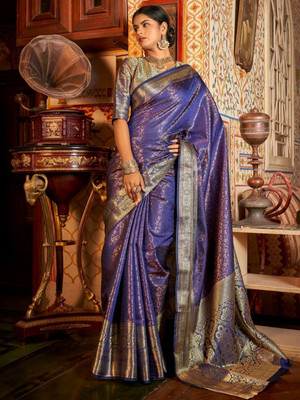 Manokamna Printed Kanjivaram Silk Blend Saree(Blue)