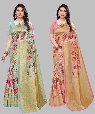 Priyashi Printed, Digital Print, Self Design Kalamkari Art Silk Saree(Pack of 2, Light Green, Orange)