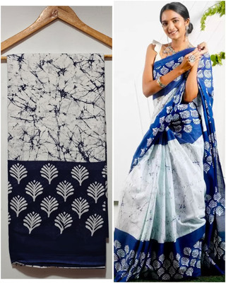 HG SAREES Printed Bollywood Mulmul Saree(Blue, White)