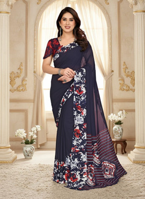 SmittenSmit Printed Bollywood Georgette Saree(Dark Blue)
