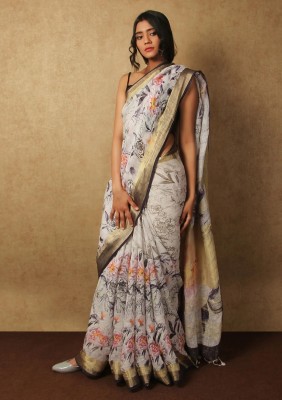 AVANSHEE Self Design, Printed, Floral Print, Paisley, Digital Print Bollywood Cotton Linen Saree(Grey)