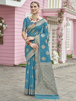 ANOUK Woven Mysore Linen Saree(Blue)