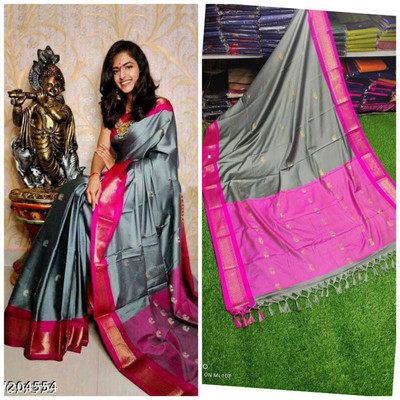 VEERAIVA Woven Paithani Cotton Silk Saree(Grey)