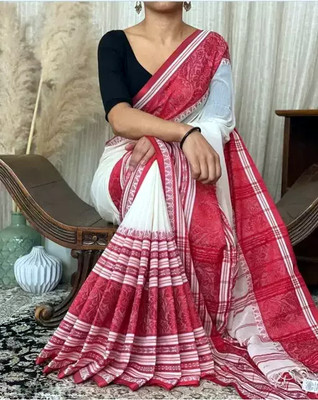 TRFASHIONHUB Solid/Plain Handloom Cotton Blend Saree(Red, White)