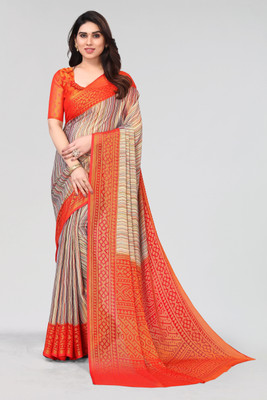 Winza Designer Printed, Striped Daily Wear Chiffon, Brasso Saree(Red)
