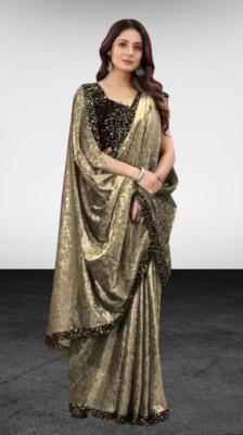 Vragi Floral Print Bollywood Lycra Blend Saree(Gold)