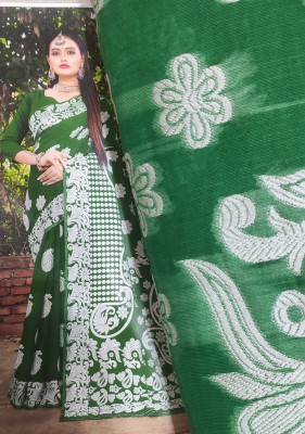 Sen Textiles Embroidered Jamdani Cotton Silk Saree(Green, Dark Green)