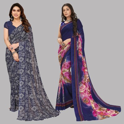 Anand Sarees Floral Print, Polka Print, Ombre, Printed Bollywood Georgette Saree(Pack of 2, Dark Blue, Pink, Blue)