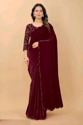 J P FASHION Embroidered Daily Wear Velvet Saree(Maroon)