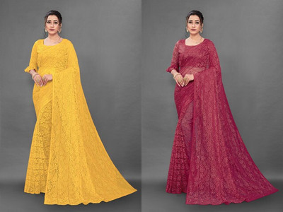 Paanthcreation Self Design Bollywood Net Saree(Pack of 2, Maroon, Yellow)