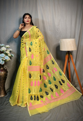 RSN SHREE Self Design Handloom Cotton Silk Saree(Yellow)