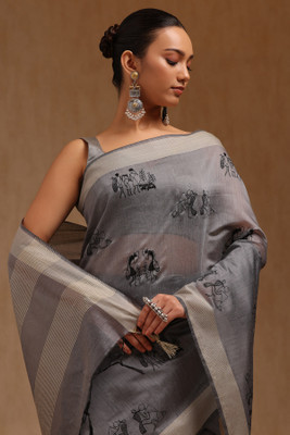 soch Printed Saree with Attached Blouse Chanderi Saree(Grey)