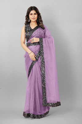 DEVS CREATION Embellished Bollywood Supernet Saree(Purple)