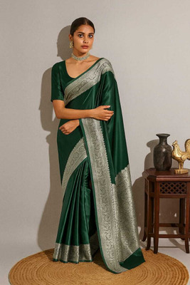 Sijileen Woven, Solid/Plain Banarasi Silk Blend Saree(Dark Green)
