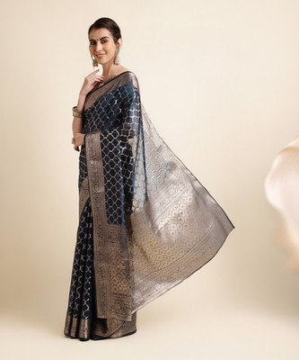SHRIMAY Woven Bollywood Organza, Net Saree(Dark Blue)