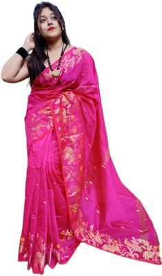 ASR Embroidered Handloom Pure Cotton Saree(Pink)