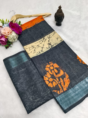 PRTRENDZ Printed Bollywood Pure Cotton, Cotton Linen Saree(Black, Orange)