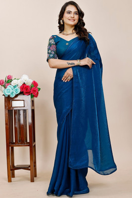 SAADHYA CREATION Embroidered, Solid/Plain Bollywood Satin Saree(Dark Blue)