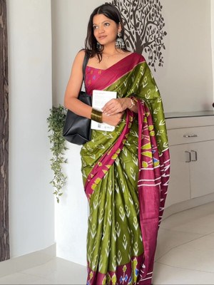 Sareemall Printed Ikkat Cotton Blend Saree(Light Green)