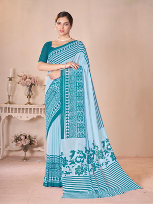 GARDEN VARELI Printed Bollywood Georgette Saree(Blue)