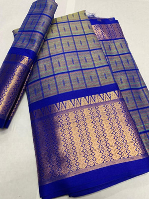 Bombey Velvat Fab Floral Print KHASI DHARA CONTRAST Cotton Silk, Khadi Saree(Blue)