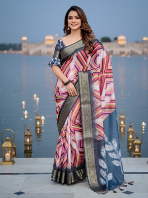 ZAMUNA Digital Print, Floral Print, Woven, Animal Print Banarasi Tussar Silk, Linen Saree(Cream, Grey)