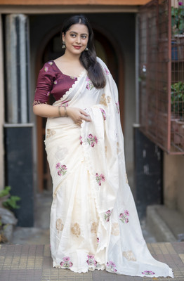 ROOP LAVANYA Embroidered Kota Doria Cotton Silk, Pure Silk Saree(White)