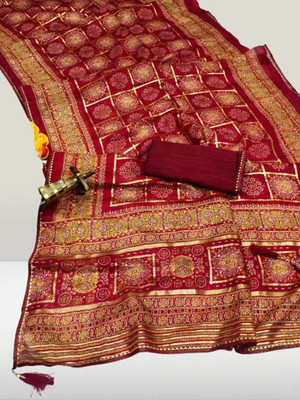 Kanooda Prints Woven Kota Doria Net Saree(Maroon)