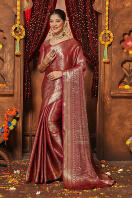 Rashmi Sarees Woven Banarasi Silk Blend Saree(Maroon)
