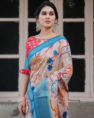 maharani couture Digital Print Kalamkari Silk Blend Saree(Beige)