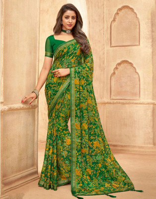 Samah Printed Daily Wear Georgette, Chiffon Saree(Green)
