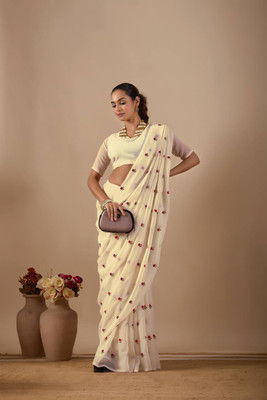 SILKORA Embroidered Daily Wear Georgette Saree(Cream)