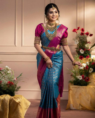 Priyashi Printed Banarasi Silk Blend Saree(Blue)