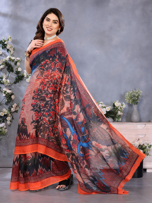 Soor Panchi Printed Bollywood Cotton Linen Saree(Orange)
